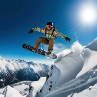 ai generado un snowboarder ejecutando un truco en aire, con el cubierto de nieve montaña en el antecedentes foto