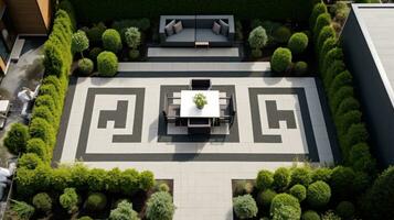 AI generated A stunning aerial shot of a modern garden design featuring a geometric pattern of hedges. photo
