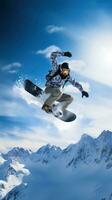 AI generated A snowboarder performing a trick in mid-air, with the snow-covered mountain in the background photo