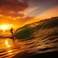 AI generated A surfer riding a wave in the ocean, with the sun setting behind them photo