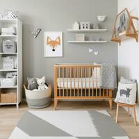 ai generado un elegante para niños habitación con un gris y blanco color esquema, un de madera cuna con un gris cuna sábana foto