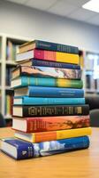 AI generated A stack of books with colorful spines, representing a variety of subjects and academic disciplines photo