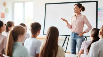 AI generated A teacher standing in front of a whiteboard explaining a concept to a classroom full of students photo