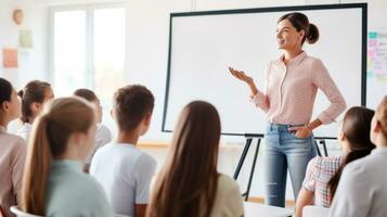 ai generado un profesor en pie en frente de un pizarron explicando un concepto a un salón de clases lleno de estudiantes foto