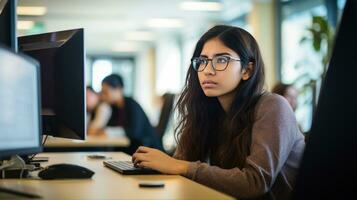 AI generated A student sitting at a desk, looking at a computer screen with a serious expression photo