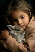 AI generated A sweet image of a child holding a baby bunny in their lap, the two of them snuggled up together photo