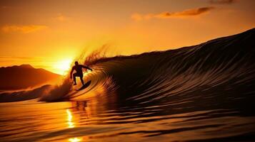 AI generated A surfer riding a wave in the ocean, with the sun setting behind them photo