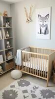 AI generated A stylish children's room with a gray and white color scheme, a wooden crib with a gray crib sheet photo