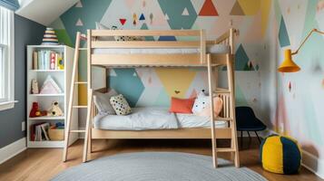 ai generado un juguetón para niños habitación con un vistoso fondo de pantalla acento muro, un de madera litera cama con un escalera foto