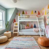 AI generated A playful children's room with a colorful wallpaper accent wall, a wooden bunk bed with a ladder photo