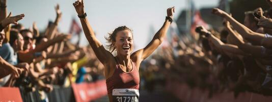 AI generated A runner crossing the finish line at a race, with a crowd cheering in the background photo