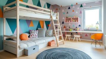 ai generado un juguetón para niños habitación con un vistoso fondo de pantalla acento muro, un de madera litera cama con un escalera foto