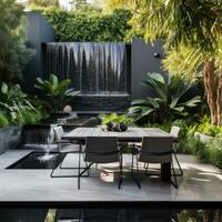 AI generated a modern garden with a unique set of outdoor furniture, well-maintained greenery photo