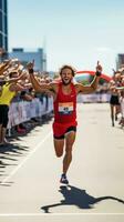 AI generated A runner crossing the finish line at a race, with a crowd cheering in the background photo