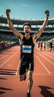 AI generated A runner crossing the finish line at a race, with a crowd cheering in the background photo