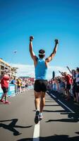 AI generated A runner crossing the finish line at a race, with a crowd cheering in the background photo