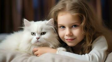 ai generado joven niña participación un mullido blanco gatito en su brazos, ambos mirando contenido y contento foto
