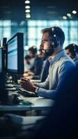 AI generated A person wearing a headset and talking on the phone, surrounded by computers in a call center photo