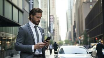 AI generated A man in a suit walking down a busy city street, looking at his phone with skyscrapers in background photo