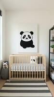 AI generated A modern children's room with a black and white color scheme, a wooden crib with a  white crib sheet photo