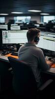 AI generated A person wearing a headset and talking on the phone, surrounded by computers in a call center photo