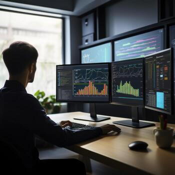 AI generated person sitting at a desk, looking at a computer screen with multiple charts and data visualizations photo