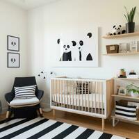 ai generado un moderno para niños habitación con un negro y blanco color esquema, un de madera cuna con un blanco cuna sábana foto