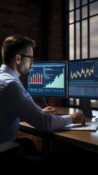 AI generated person sitting at a desk, looking at a computer screen with multiple charts and data visualizations photo
