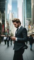 AI generated A man in a suit walking down a busy city street, looking at his phone with skyscrapers in background photo