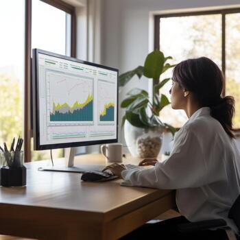 AI generated person sitting at a desk, looking at a computer screen with multiple charts and data visualizations photo