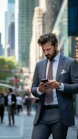 AI generated A man in a suit walking down a busy city street, looking at his phone with skyscrapers in background photo