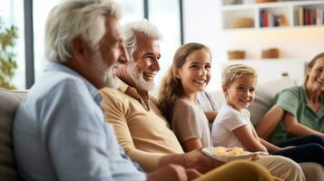 ai generado un multigeneracional familia, incluso abuelos, padres, y joven niños, foto