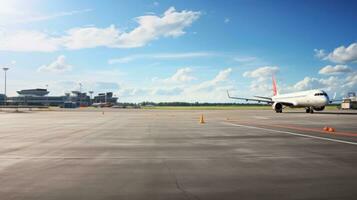 AI generated panoramic view of an airport runway with planes parked and in motion photo