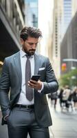 AI generated A man in a suit walking down a busy city street, looking at his phone with skyscrapers in background photo