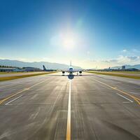 AI generated panoramic view of an airport runway with planes parked and in motion photo