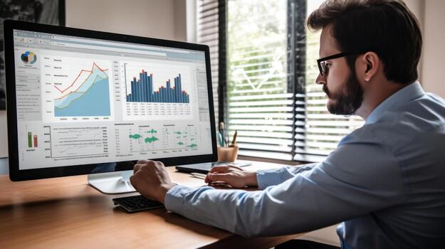 AI generated person sitting at a desk, looking at a computer screen with multiple charts and data visualizations photo