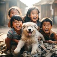 AI generated group of children playing with a litter of adorable puppies, all of them grinning from ear to ear photo