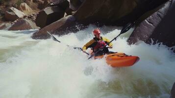 AI generated A kayaker navigating through rough white water rapids photo