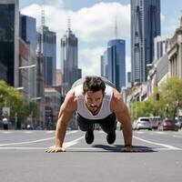 AI generated A man doing push-ups on a city street, with a busy urban setting behind him photo