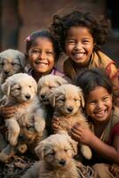 AI generated group of children playing with a litter of adorable puppies, all of them grinning from ear to ear photo