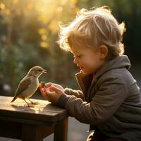 ai generado un reconfortante foto de un joven chico alimentación un bebé pájaro con un cuentagotas