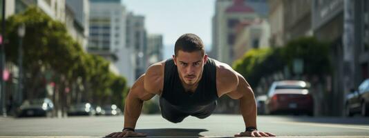 AI generated A man doing push-ups on a city street, with a busy urban setting behind him photo