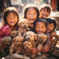 AI generated group of children playing with a litter of adorable puppies, all of them grinning from ear to ear photo
