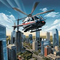 AI generated A helicopter hovering over a cityscape, with skyscrapers and busy streets below photo