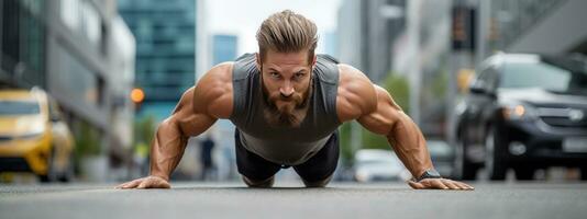 AI generated A man doing push-ups on a city street, with a busy urban setting behind him photo