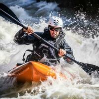 AI generated A kayaker navigating through rough white water rapids photo