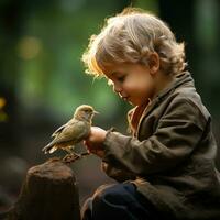 AI generated A heartwarming photo of a young boy feeding a baby bird with a dropper