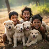 AI generated group of children playing with a litter of adorable puppies, all of them grinning from ear to ear photo