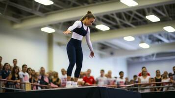 ai generado un gimnasta ejecutando un rutina en el equilibrar haz, con el jueces foto