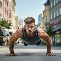 AI generated A man doing push-ups on a city street, with a busy urban setting behind him photo